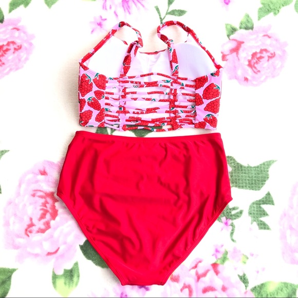NEW Maternity Red Berry Print Ruched Caged Back High Waisted 2 Piece Swimsuit - Picture 5 of 6